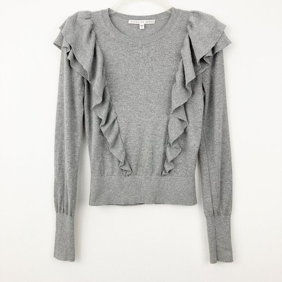 Veronica Beard Centre Ruffle Crewneck Metallic-knit Sweater Size S Gray Sparkle - Picture 3 of 10